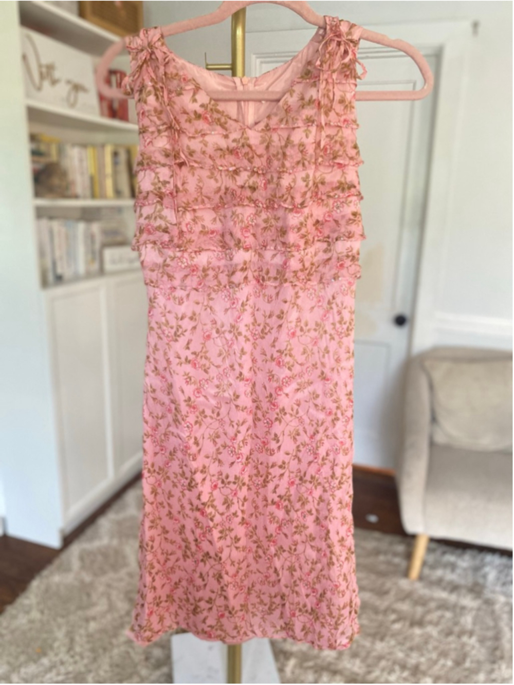 X’pect Vintage Y2K Pink Silk Floral Ruffle Mini Dress Coquette Romantic Barbie S - Picture 2 of 7